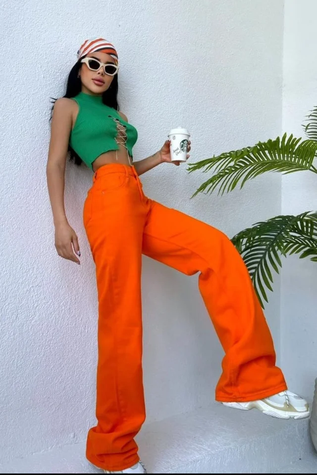 Blugi mom fit Simons, evazati, fara elastan, Orange