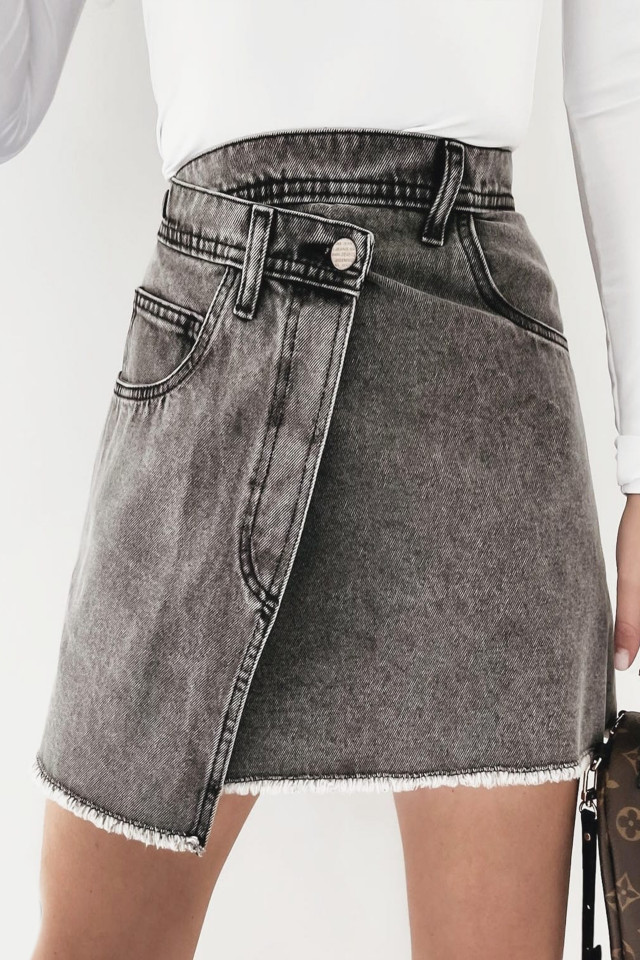 Fusta Hippy petrecuta, din denim, Gri inchis