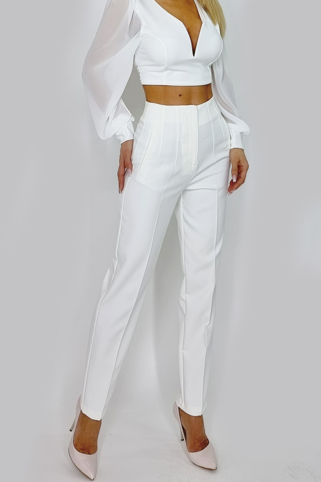 Pantaloni eleganti, ChicMe, cu talie inalta, Alb
