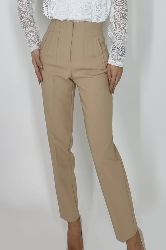 Pantaloni eleganti, ChicMe, cu talie inalta, Crem