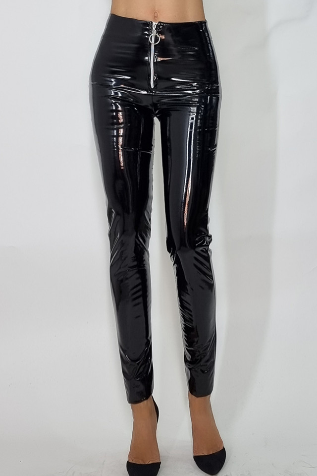 Pantaloni latex cu fermoar in fata, Abby, Negru