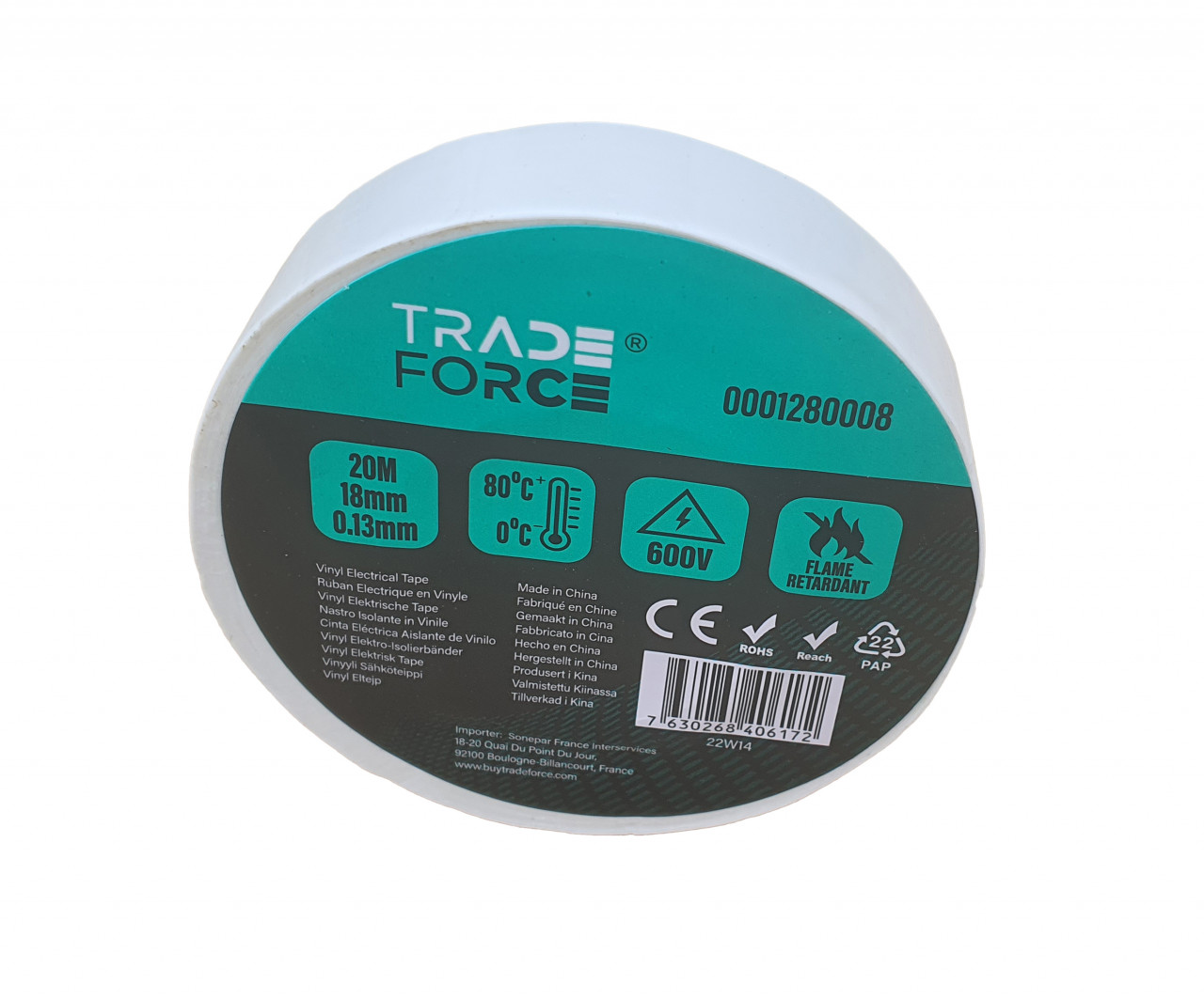 Banda izolatoare PVC ignifuga, 20mx18mm, 600V, 0-80C, alba, Tradeforce