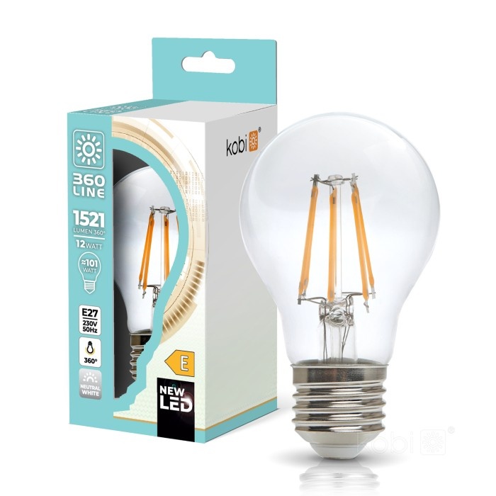 Bec LED 12W(100W) Kobi, E27, 1521 lm, lumina neutra(4000K), stil vintage, clasa energetica E