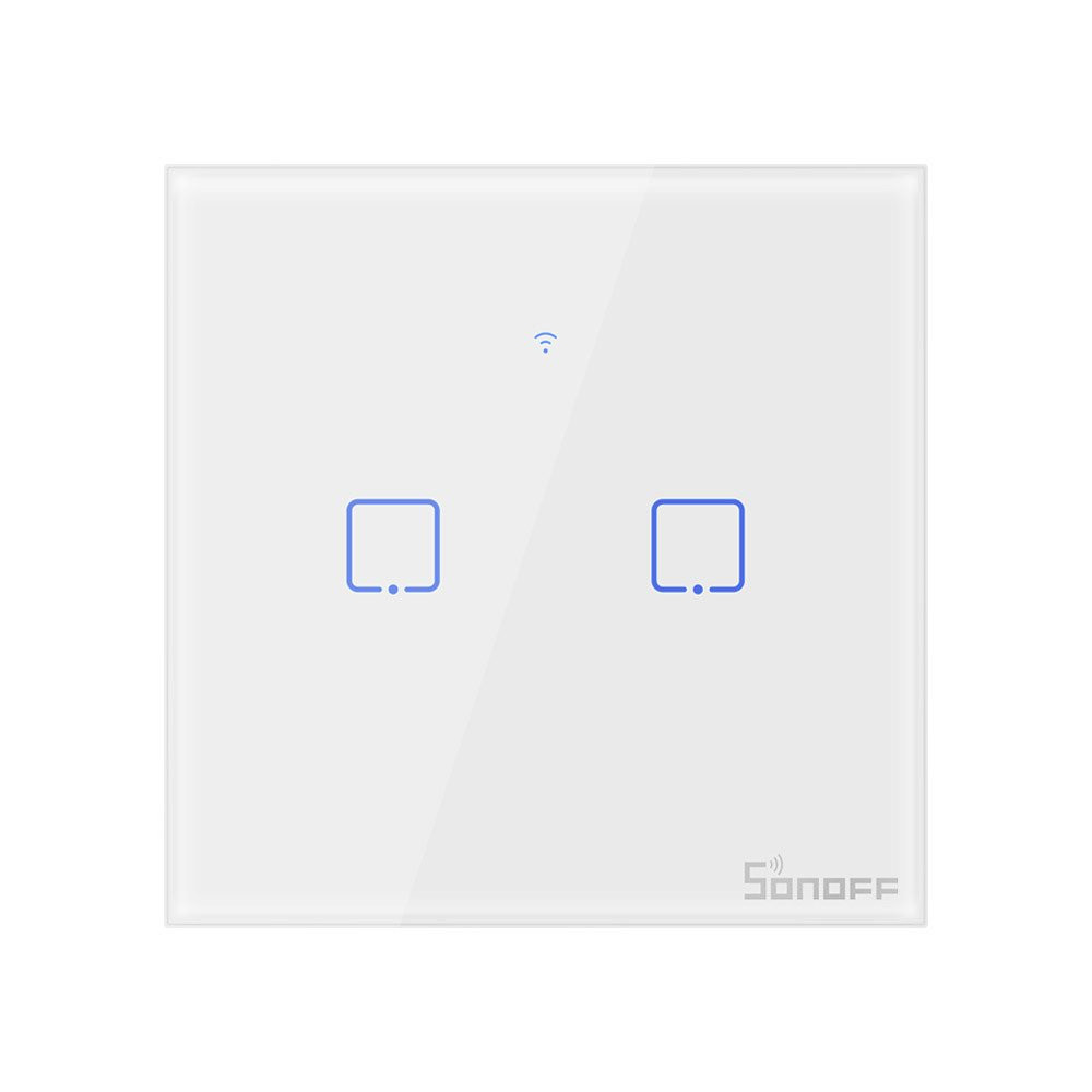 Intrerupator dublu smart, sticla securizata alba, montaj in doza, compatibil Alexa si Google Assistant, Sonoff
