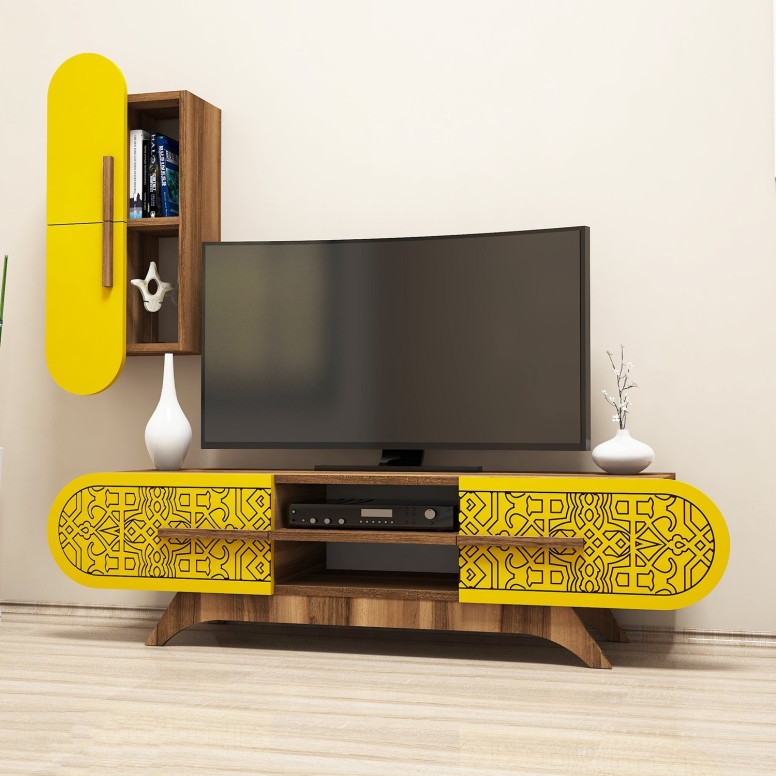 Ansamblu Comoda TV Defne - Walnut, Yellow