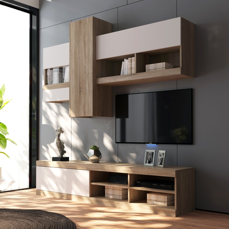 Ansamblu comoda TV, Torania, Stejar, 185x37x145 cm