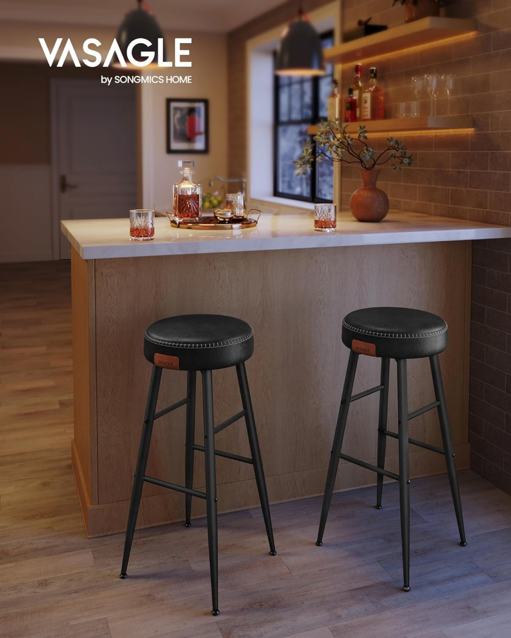 Set 2 scaune de bar, Vasagle, Negru, 51.6x51.6x75 cm