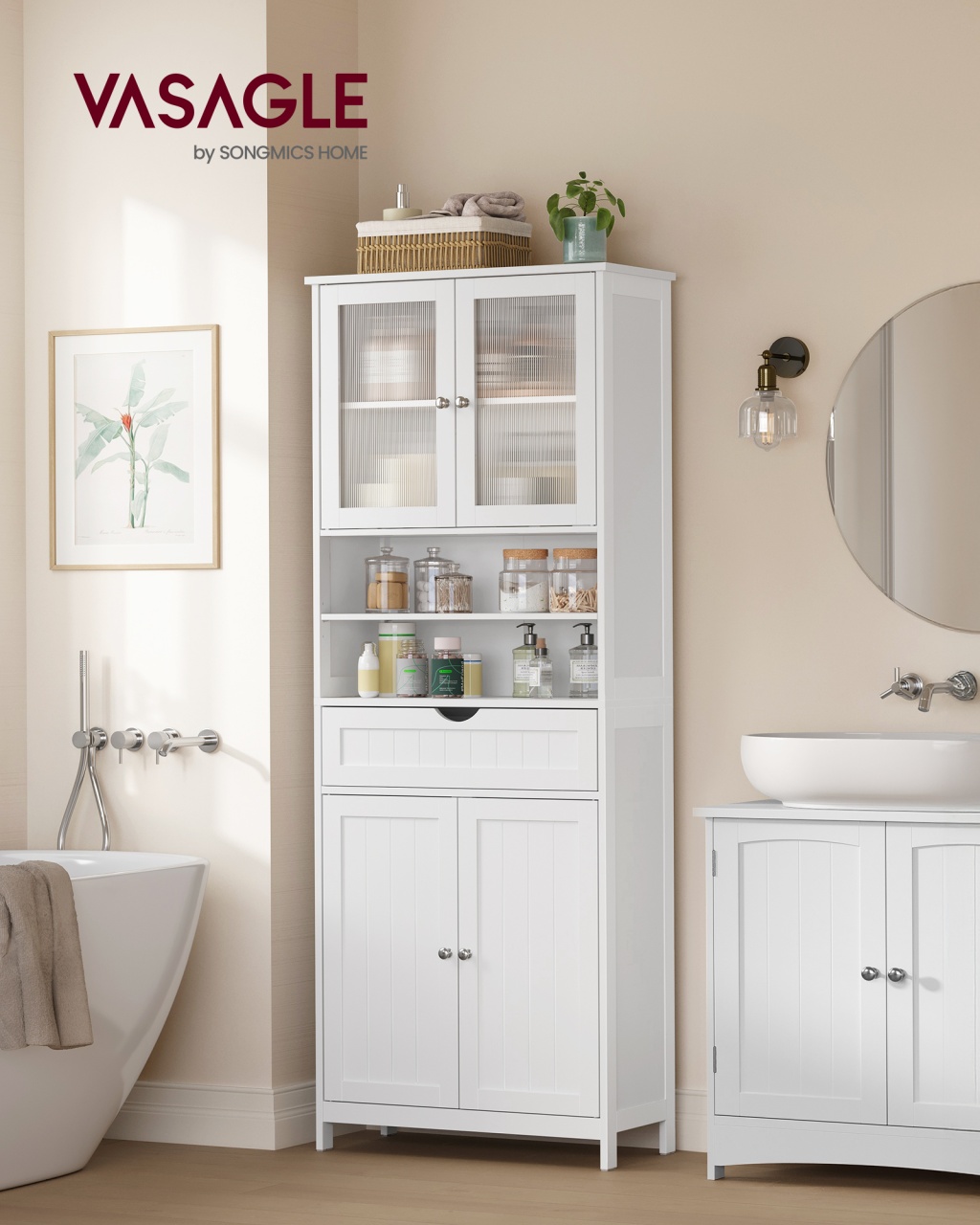 Dulap depozitare baie Vasagle Alb 60x30x170 cm