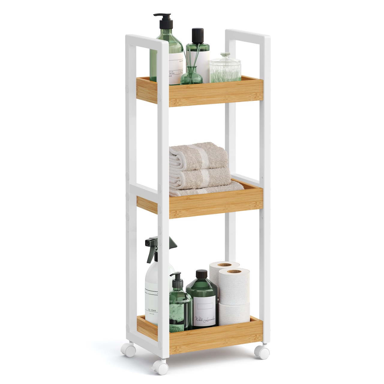 Raft baie Songmics, Bambou, Alb, 30x20x80cm