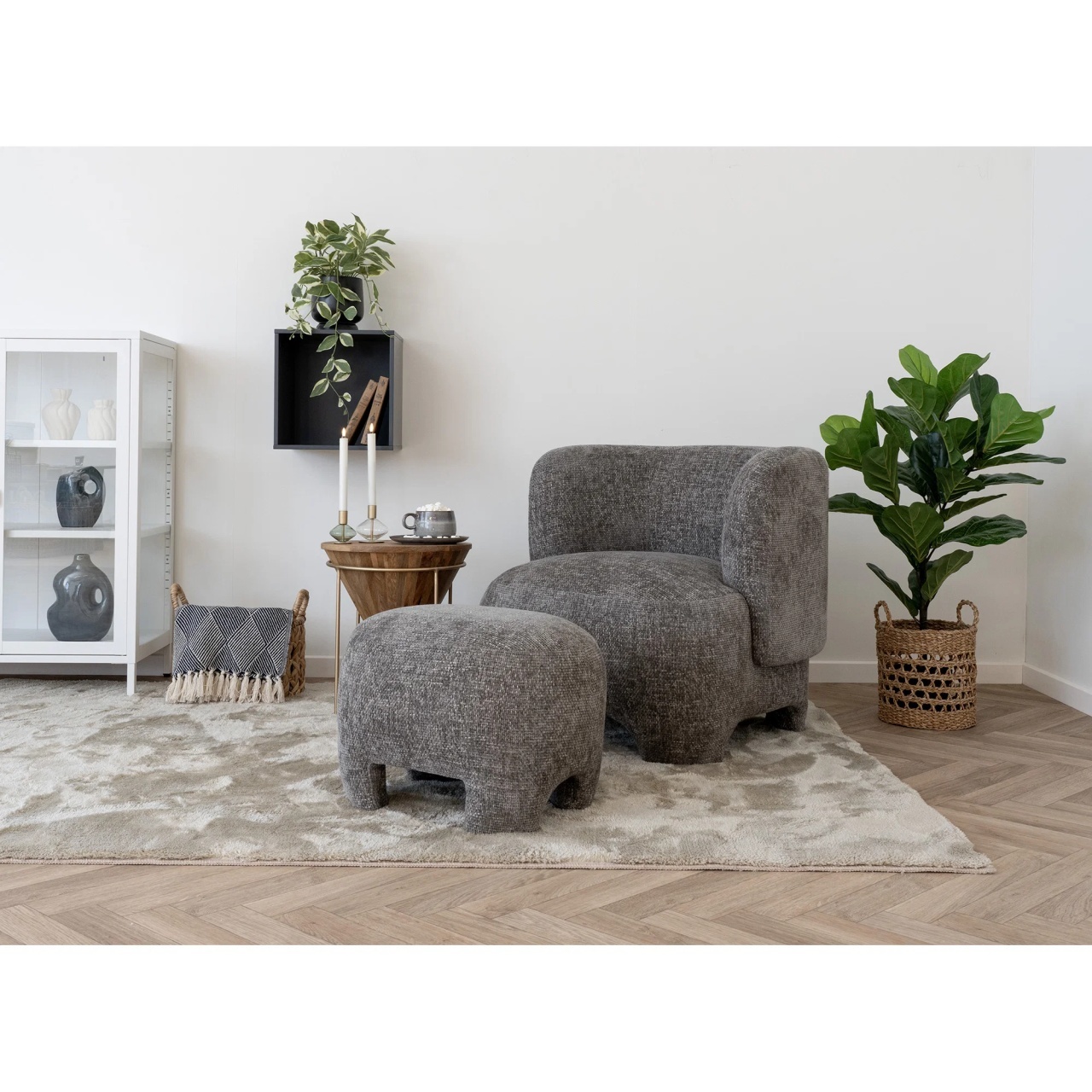 Set 2 piese Fotoliu lounge si taburet Nazare, Gri, 79x77x72 cm