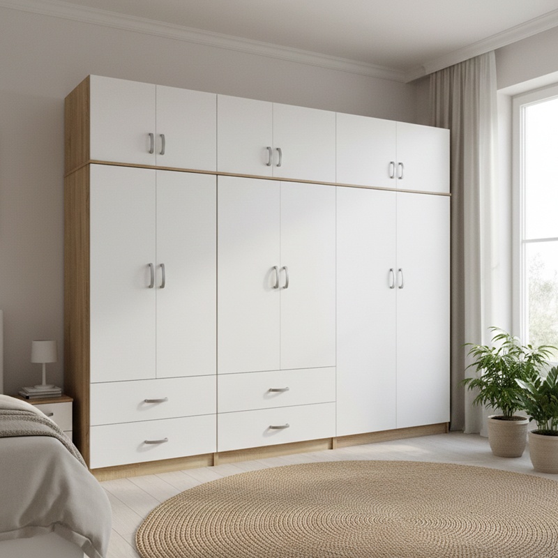 Dulap cu 6 usi, Athos, V29, Alb-Stejar, 240x42x240 cm
