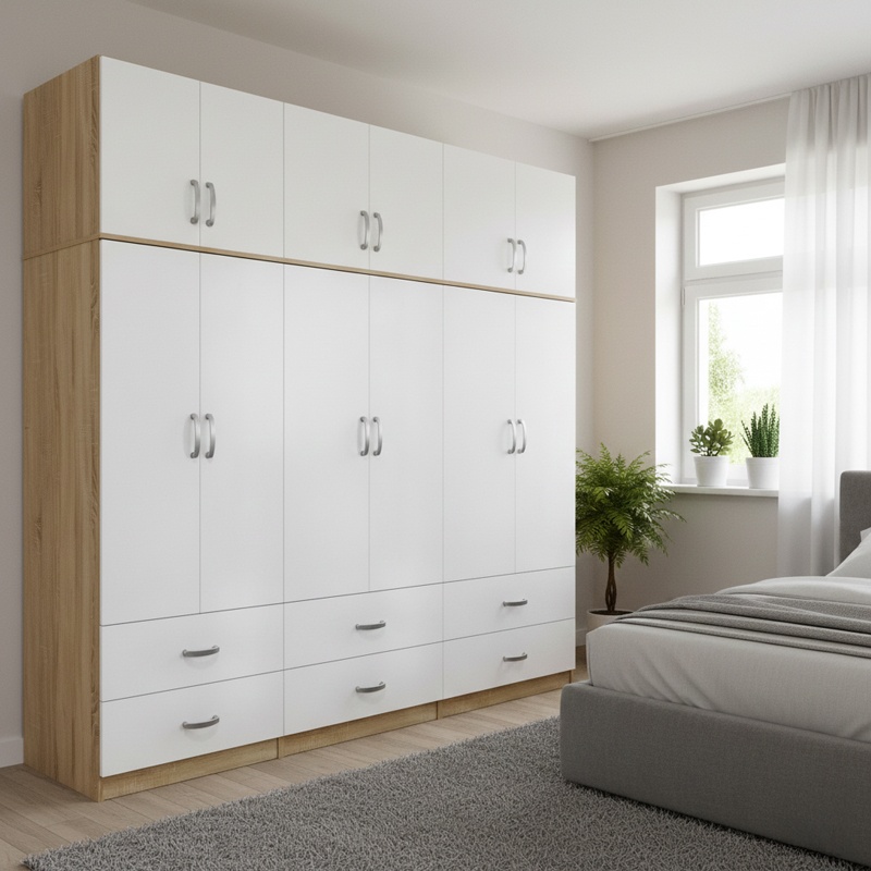 Dulap cu 6 usi, Athos, V24, Alb-Stejar, 240x42x240 cm