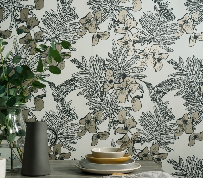 Tapet, Hummingbird, Jet Black and Metallic Luxury Bird, 1838 Wallcoverings, 5.3mp / rola