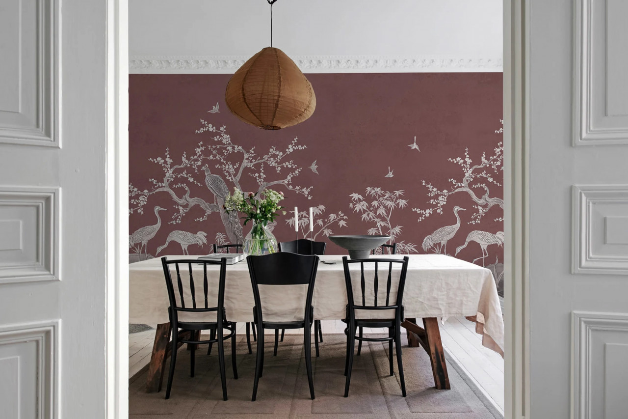 Fototapet, Chinoiserie Lace, Raspberry Red, Rebel Walls
