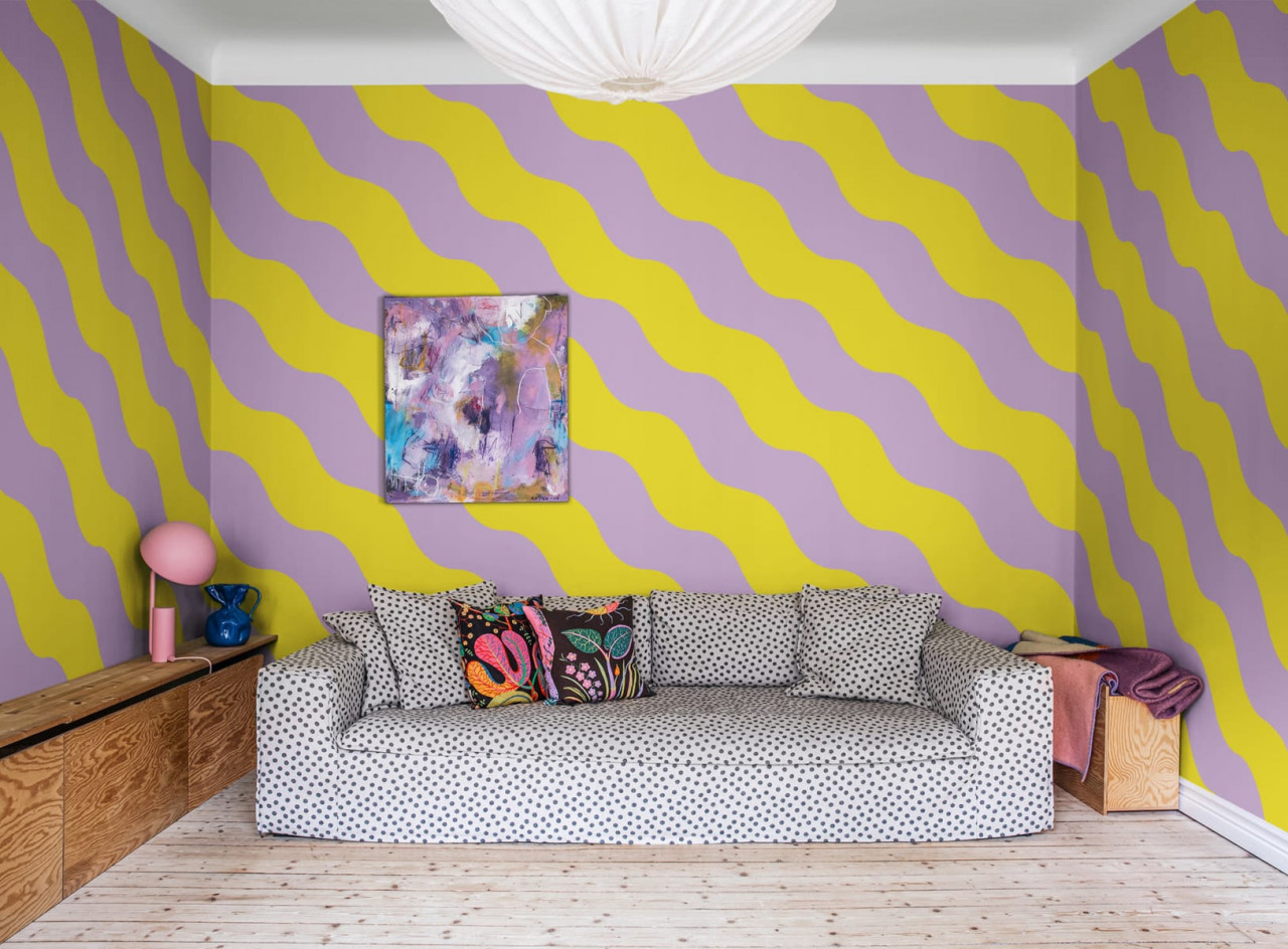 Fototapet, Polka Stripe, Lilac & Yellow, Rebel Walls