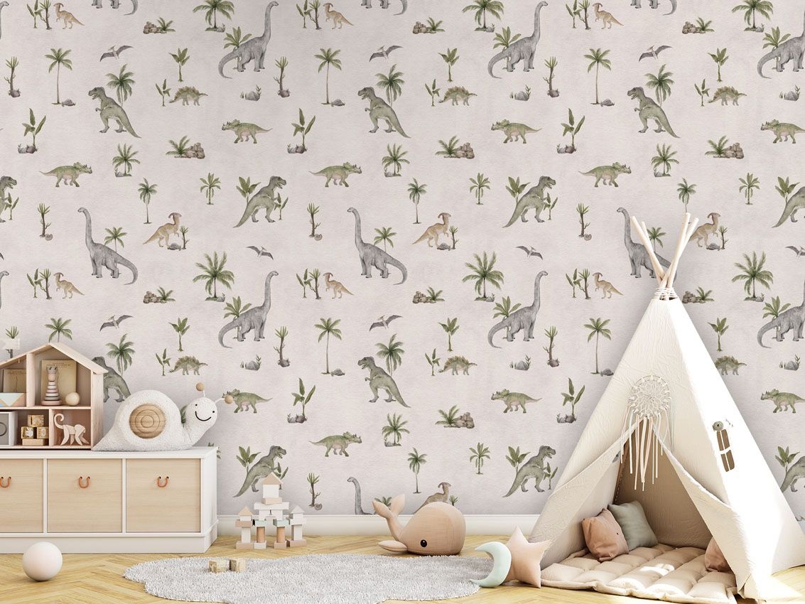 Fototapet Dashing Dinos - White, Kikki Belle