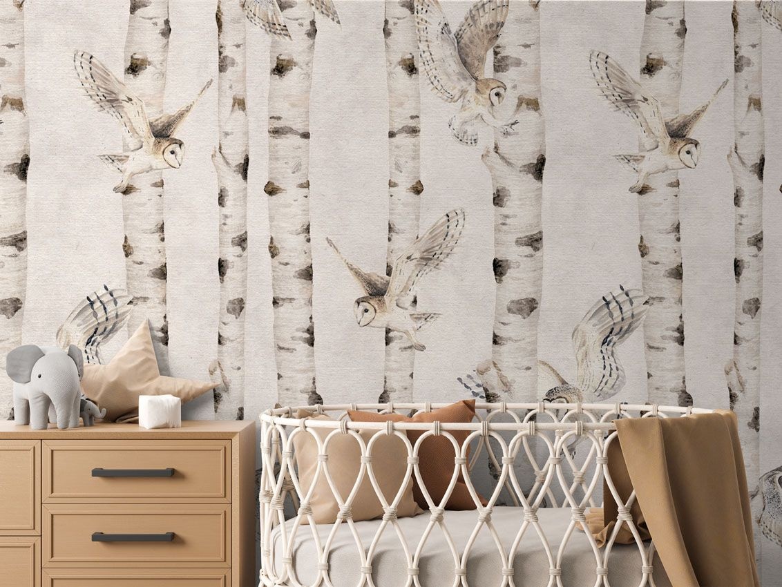 Fototapet Birch and Owls - White, Kikki Belle
