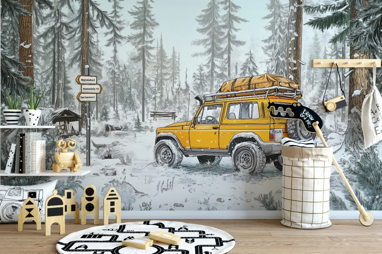 Fototapet copii, Car in a winter forest 008