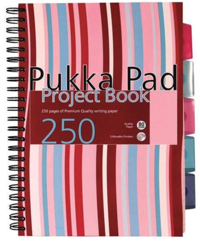 Caiet dictando cu spirala si separatoare A4 (125 file) - Pukka Pad Project Book Stripes (Rosu) | Strigo