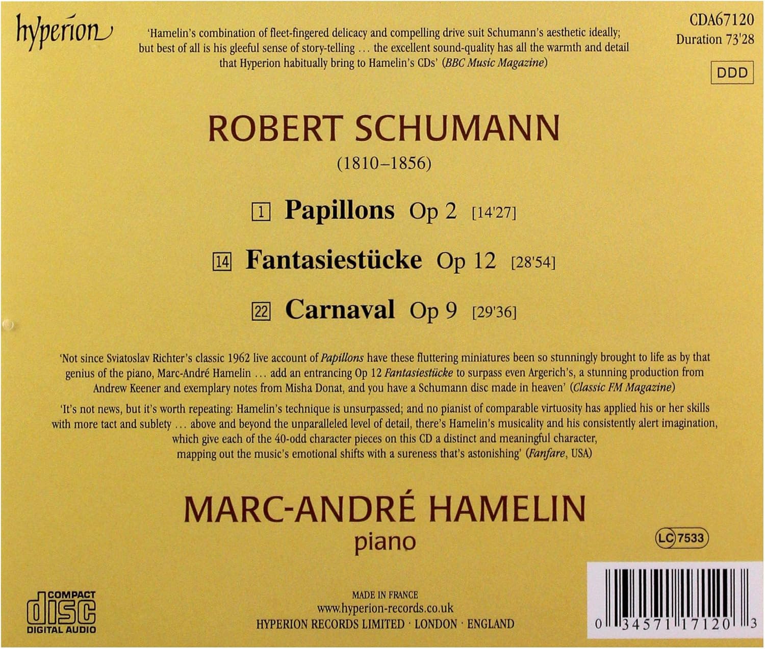 Schumann: Carnaval / Fatasiestucke / Papillons | Marc-Andre Hamelin