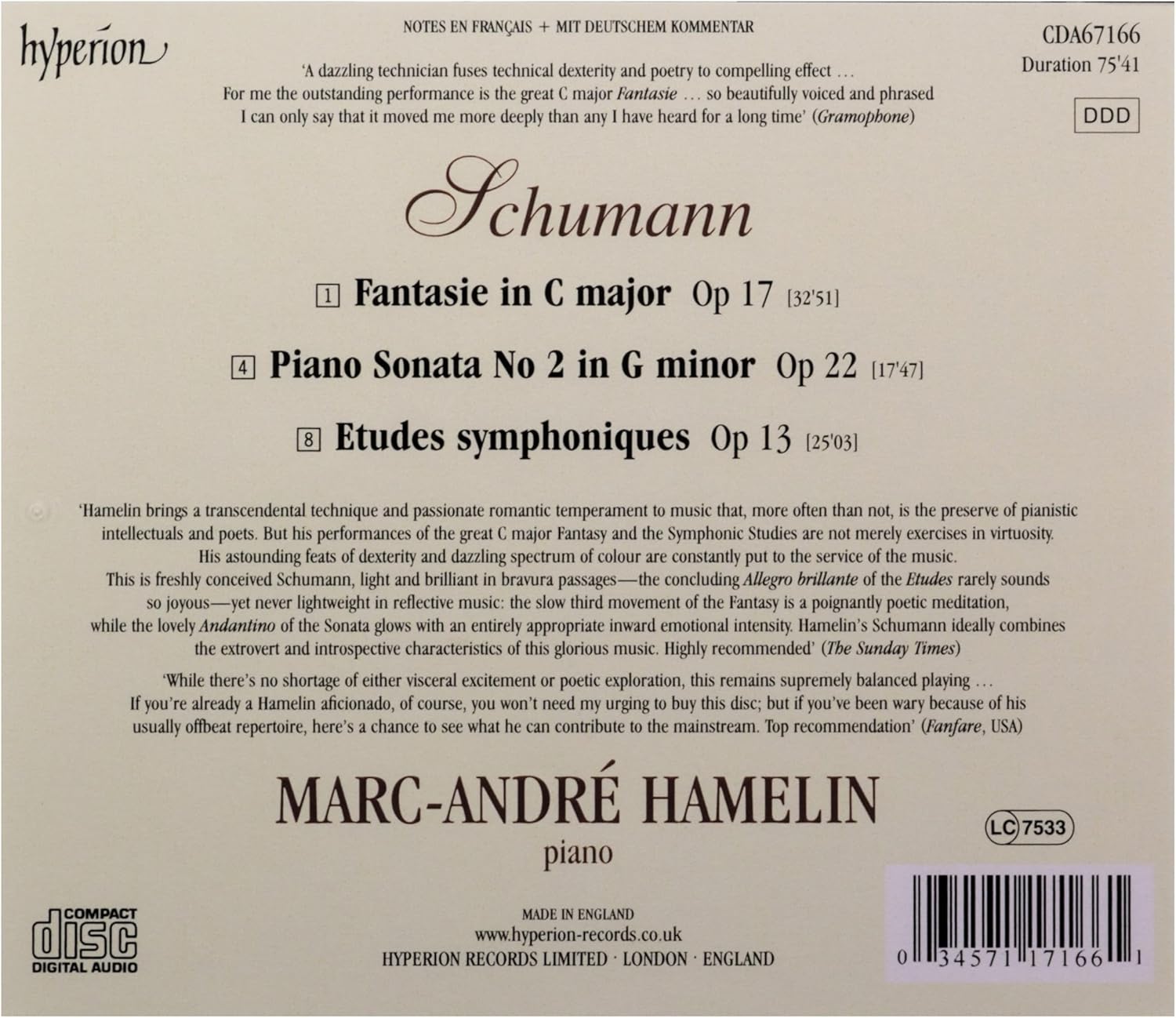 Schumann: Fantasy in C Major; Piano Sonata No. 2; Symphonic Studies |