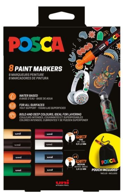 Set 8 markere - Posca - Cutie de carton + Saculet | Uni