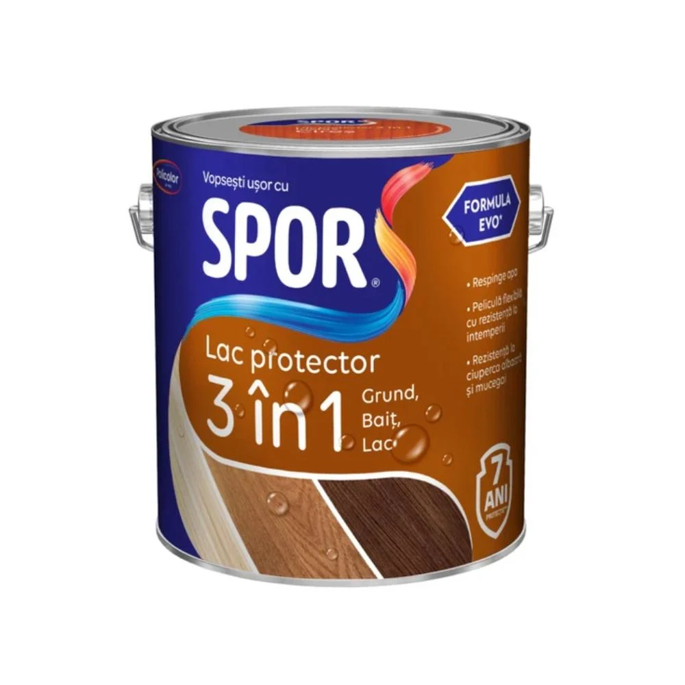 Lac pentru lemn Spor 3 in 1, wenge, pe baza de solvent, interior/exterior,  2.5 l