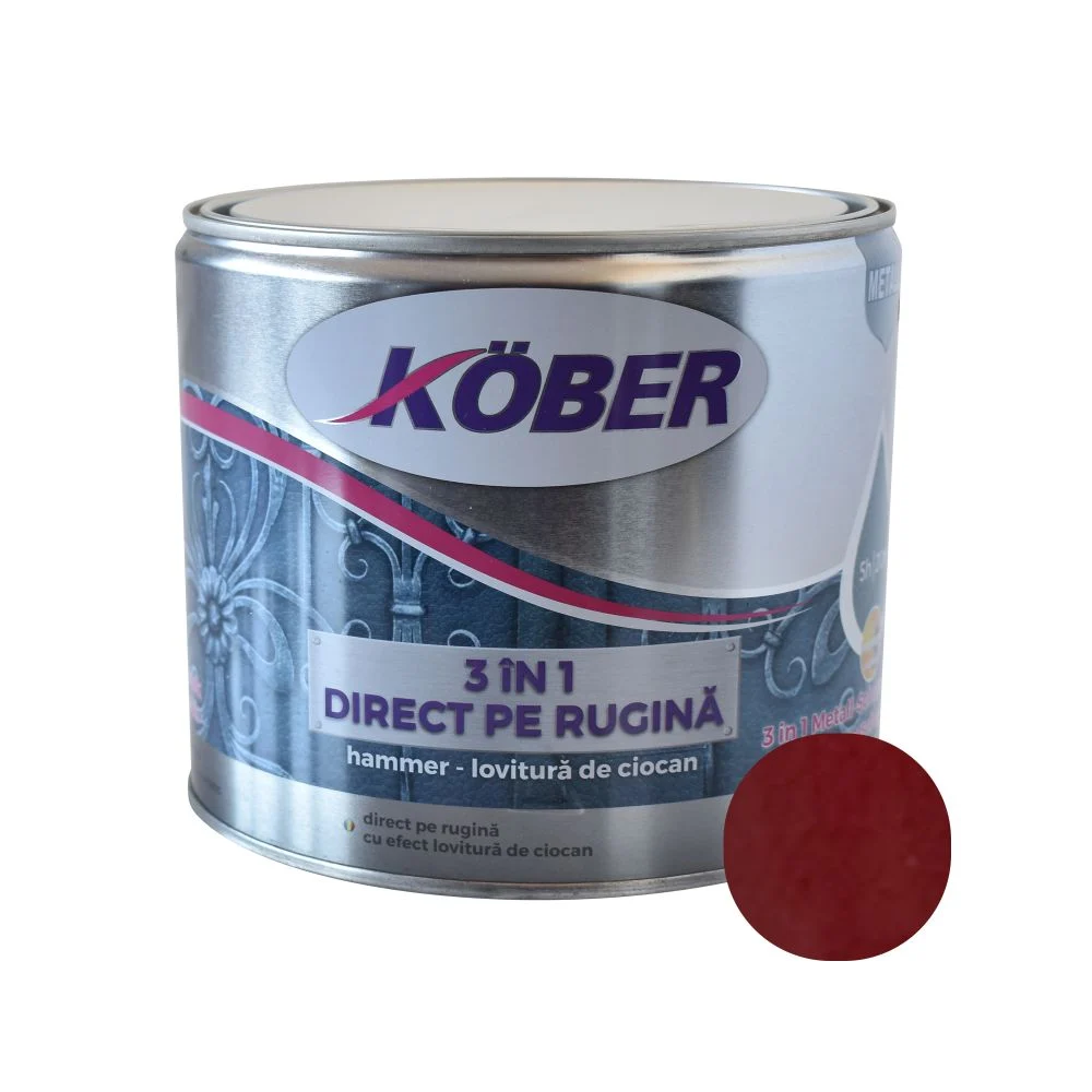 Vopsea alchidica pentru metal Kober 3 in 1 Hammer, interior/exterior, bordeaux, 2.5 l