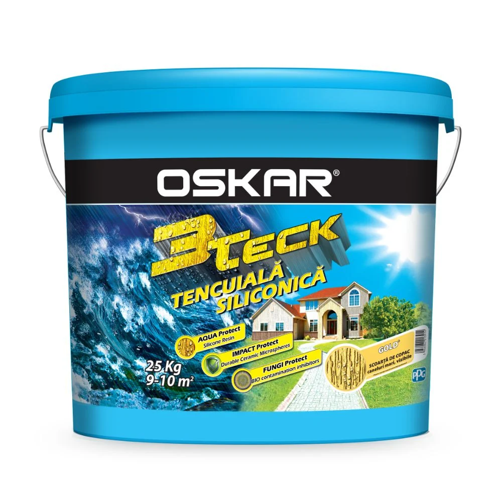 Tencuiala decorativa siliconica Oskar 3Teck, aspect scoarta de copac, granulatie 1.5 mm, interior/exterior, gold, 25 kg