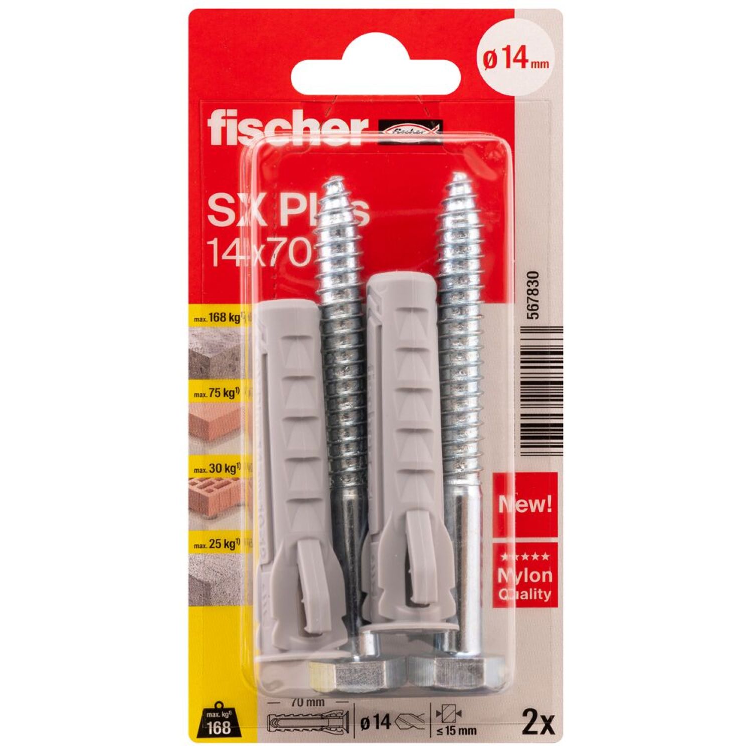 Diblu din nailon cu surub, Fischer SX Plus, 14 x 70 mm, 2 bucati