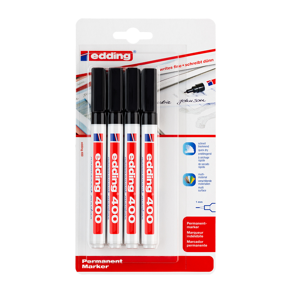 Marker permanent Edding 400, corp plastic, varf rotund, 1 mm, negru, 4 buc