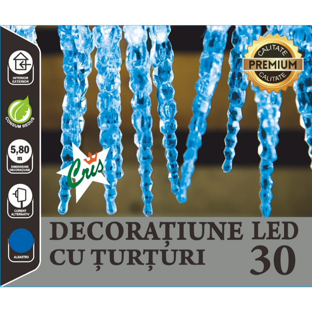 Instalatie decorativa Craciun, turturi, 30 LED-uri albastru, 5.8 m + 3 m cablu alimentare, interior / exterior, alimentare curent alternativ