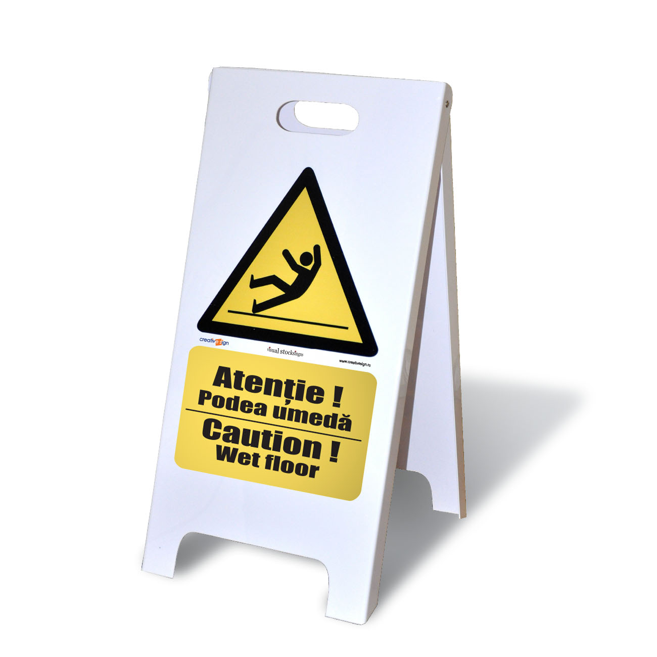 Indicator tip A semnalizare Pericol de alunecare, PVC, 60 x 35 cm, 2 fete