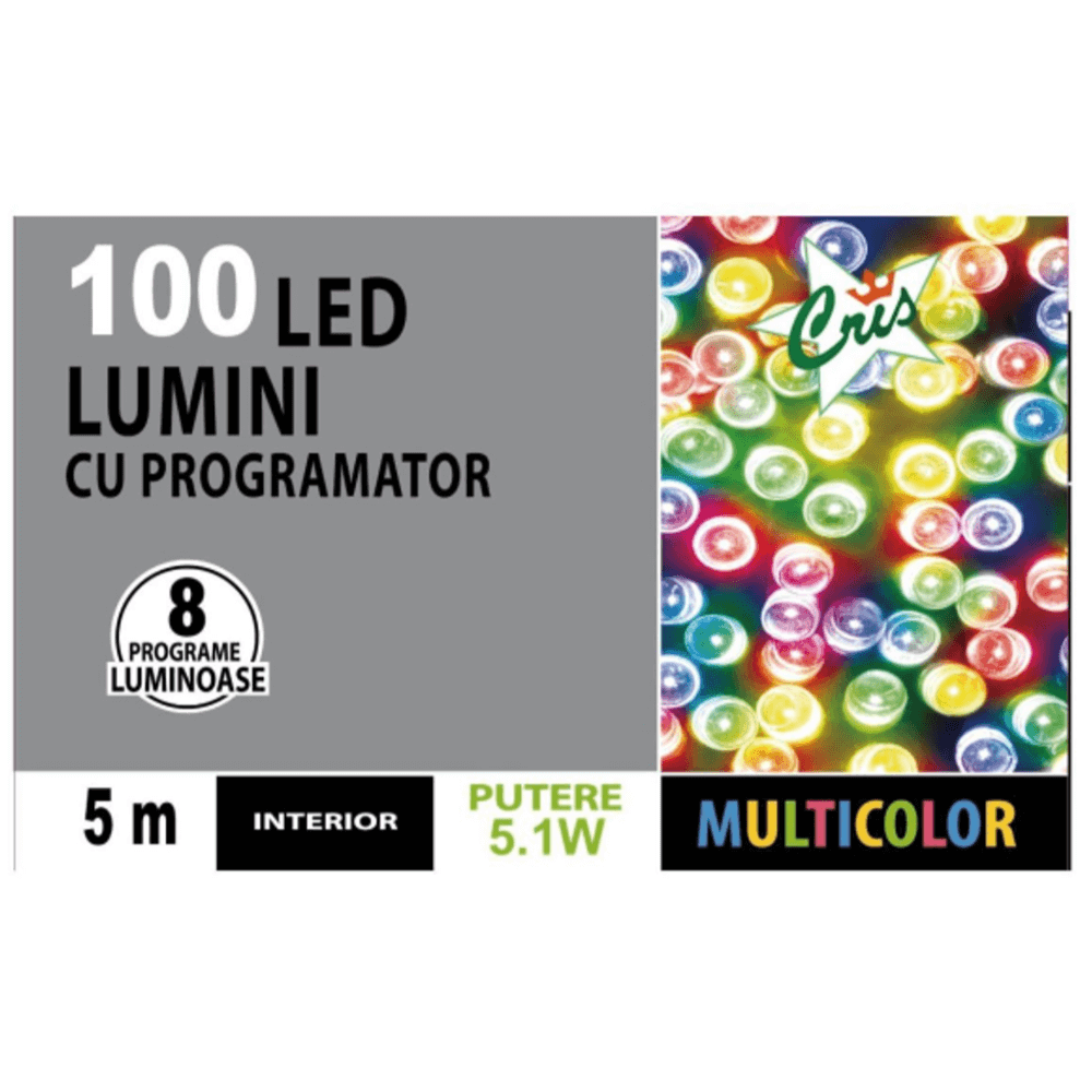 Instalatie brad Craciun, Cris, 100 LED-uri multicolore, 5 m, 8 functii, interior