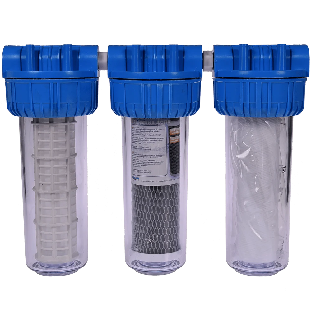Filtru triplex de apa, carbune + polipropilena + sita, 10 cu 1 in linie