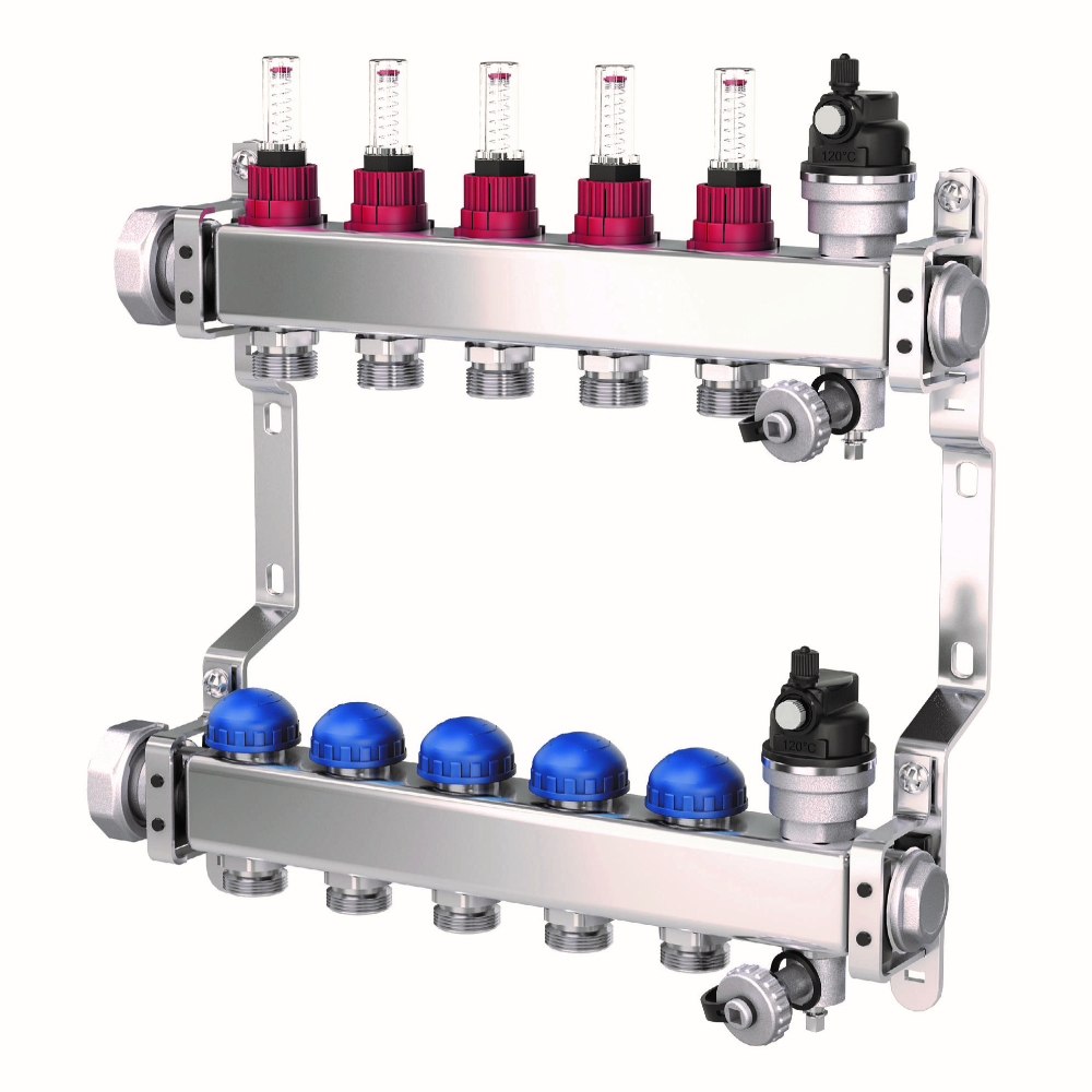 Distribuitor/colector Purmo Premium Line, robinet termostat + distribuitor, 4 circuite, 303 x 361 x 90 mm