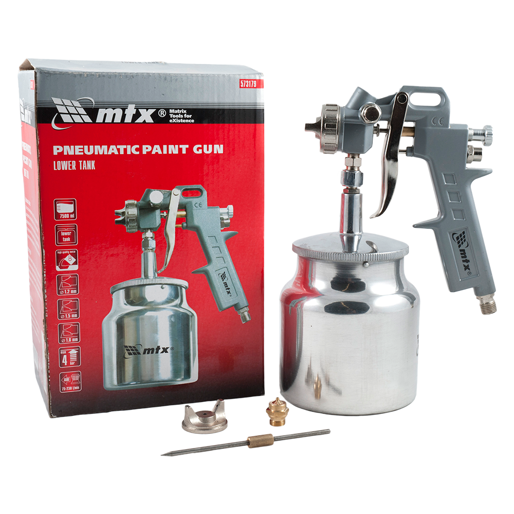 Pistol de vopsit pneumatic MTX, 1.2 mm, 1.5 mm, 1.8 mm, cupa jos, 0.75 l
