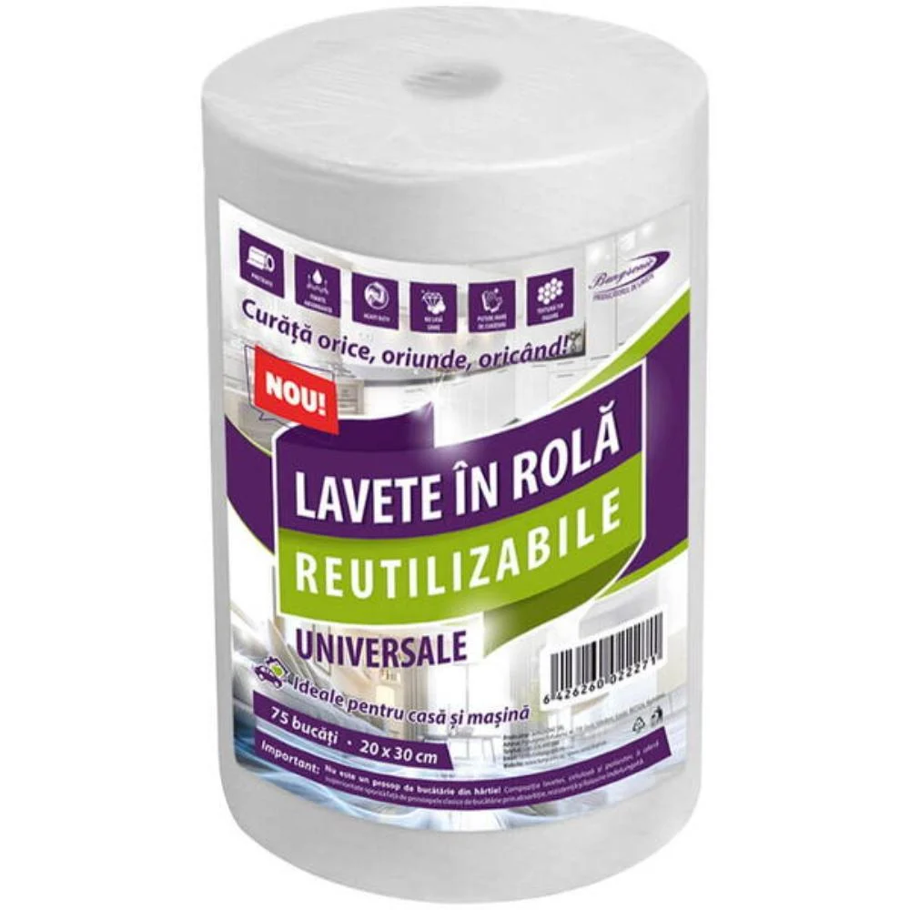 Lavete embosate reutilizabile, alb, celuloza, 30 x 20 cm, rola 75 bucati