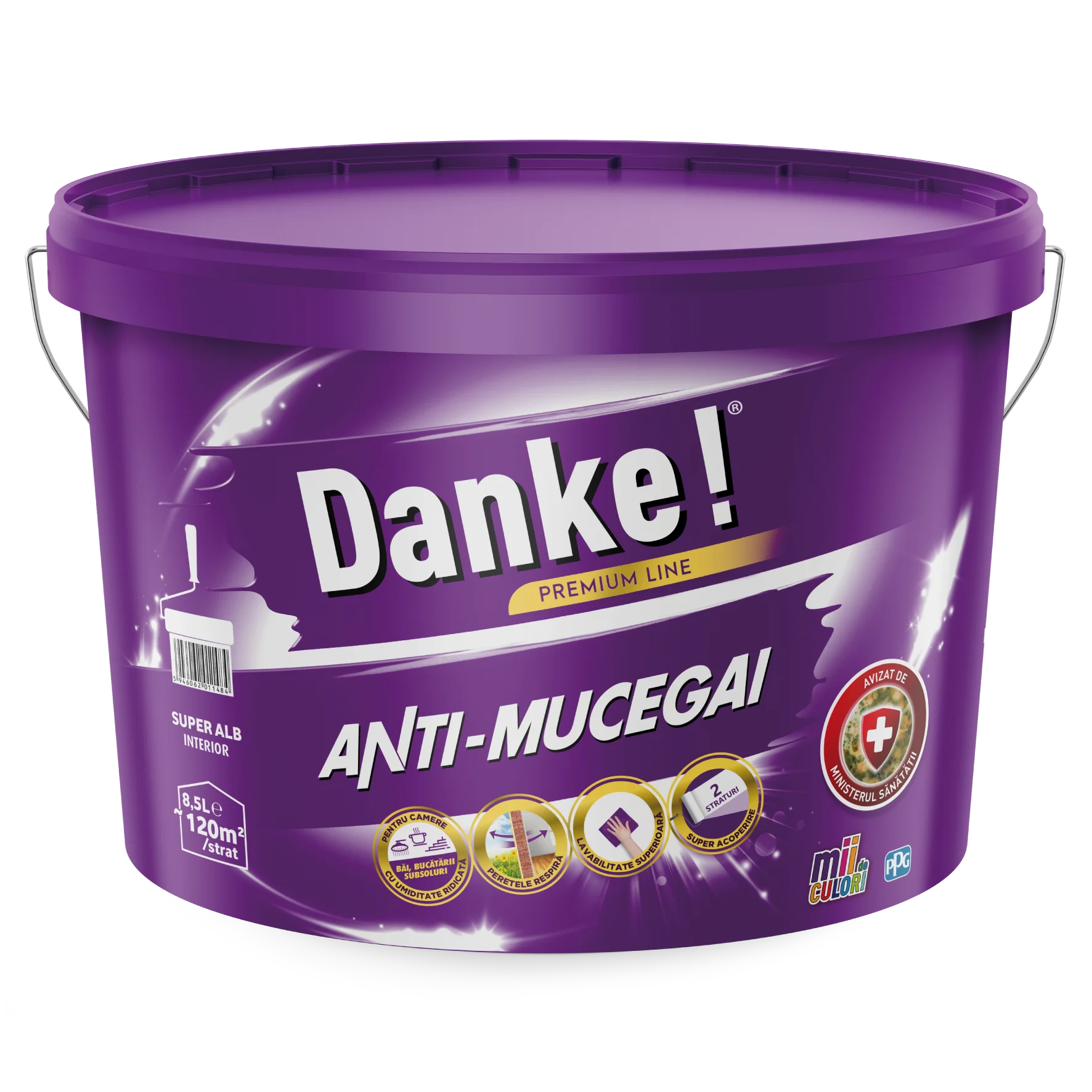 Vopsea lavabila antimucegai Danke, interior, baie si bucatarie, alb, 8.5 l
