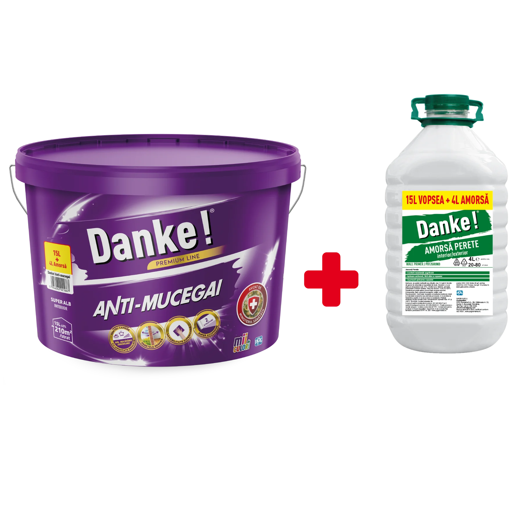 Vopsea lavabila antimucegai Danke, interior, baie si bucatarie, alb, 15 l + Amorsa 4 l