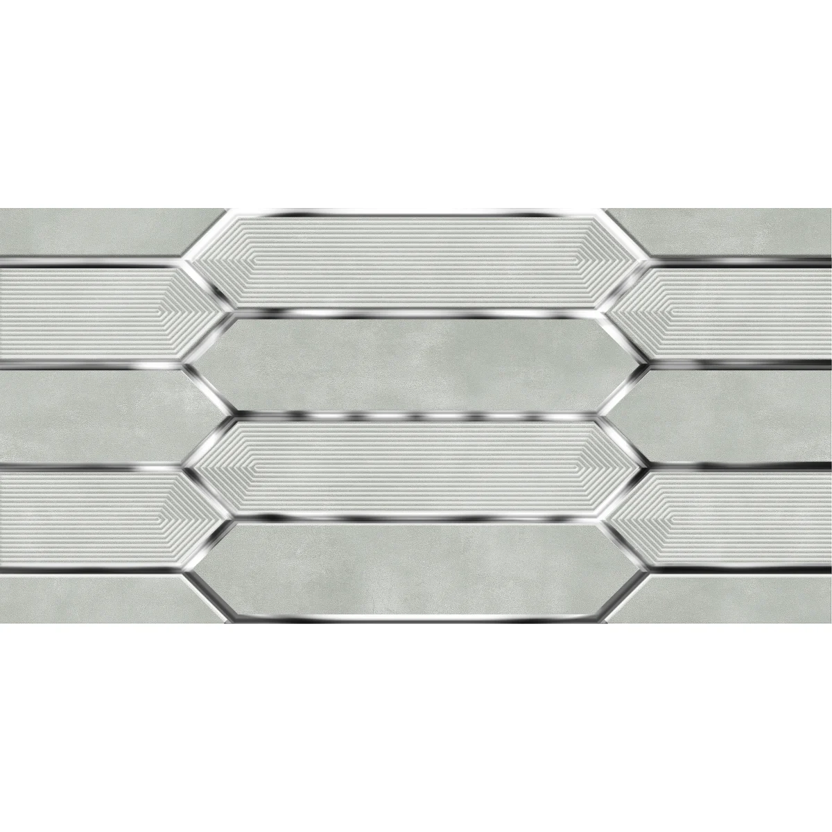 Faianta decorativa Huron HL 22186-RM1, rectificata, lucioasa, cu model geometric in relief, insertii metalice, gri, 60 x 30 cm