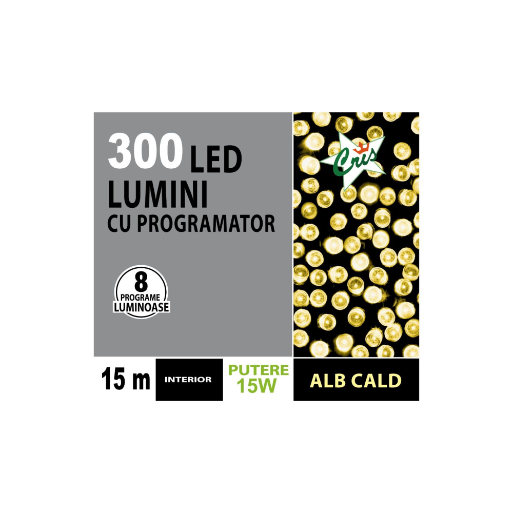 Instalatie brad Craciun Cris, 300 LED-uri alb cald, 15 m, programator, interior, alimentare acumulator