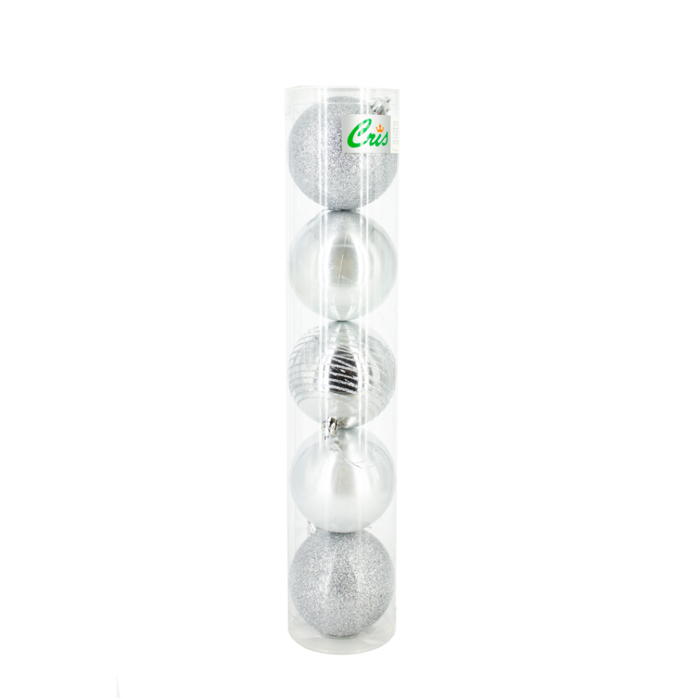Set 5 globuri decorative de Craciun, plastic, argintiu, 8 cm