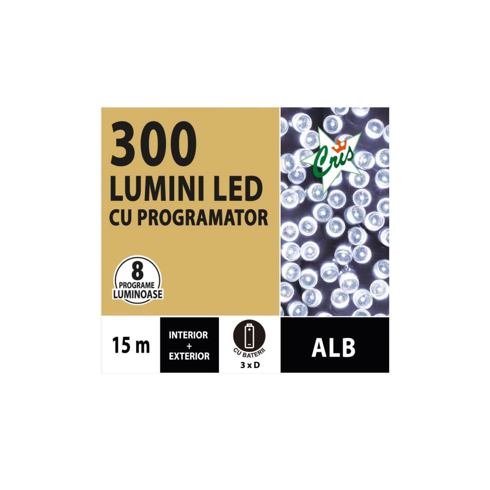 Instalatie brad Craciun, Cris, 300 LED-uri alb rece, 15 m, 8 functii, interior/exterior