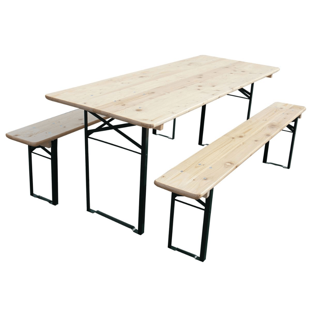 Set masa pliabila si 2 banci Bucin Mob Standard, dreptunghiulare, lemn masiv rasinoase, natur, 2.2 x 0.5 m