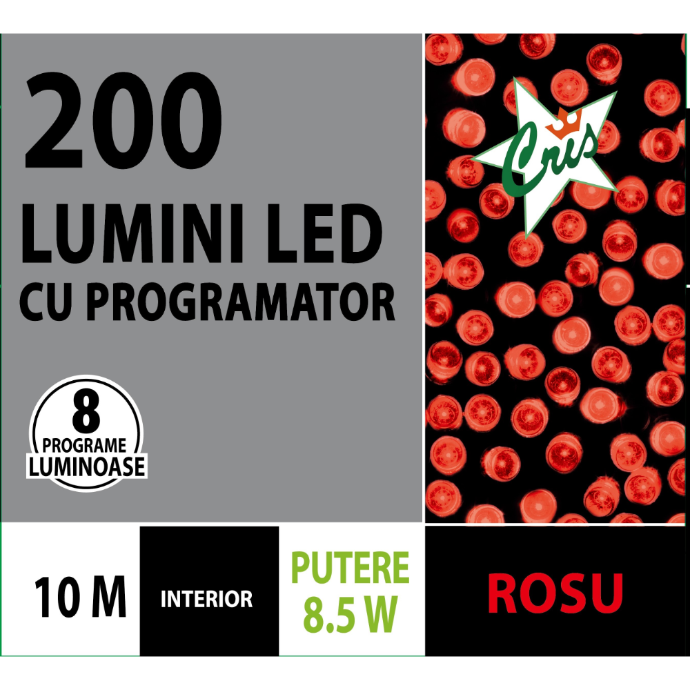 Instalatie Sir pentru interior, rosu, 200 led, 8 functii, L: 10 m