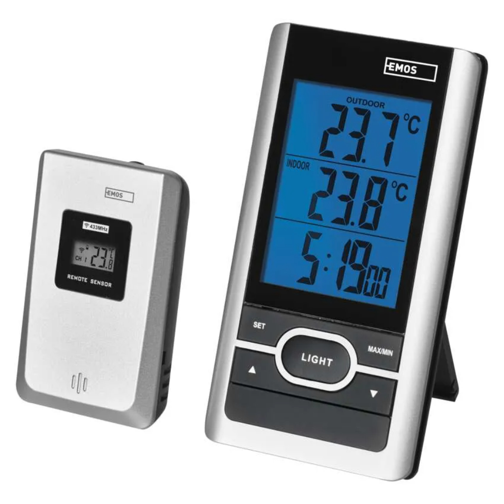 Statie meteo digitala Emos E0107, wireless, exterior/interior, senzor de exterior, functie de memorie, plastic, negru/gri, 25 × 82 × 152 mm