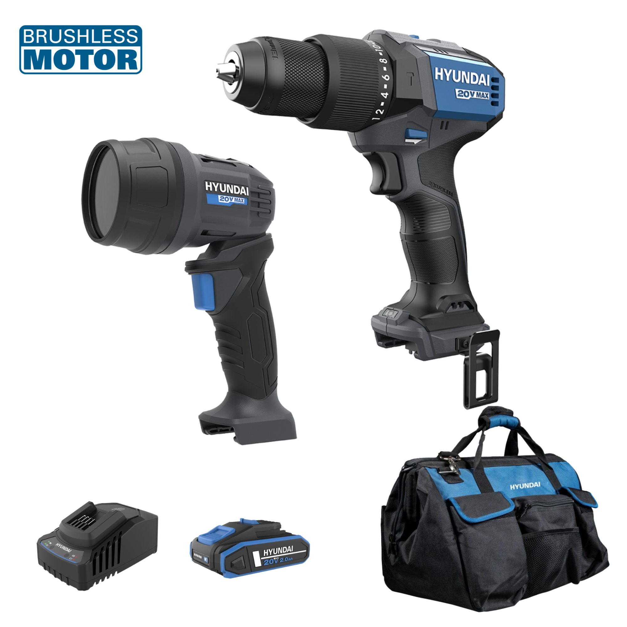 Set masina de gaurit si insurubat cu percutie brushless Hyundai HD20X-60TT + lampa LED Hyundai WL20S-250 Solo, 1 accumulator 20V 2Ah, incarcator, geanta