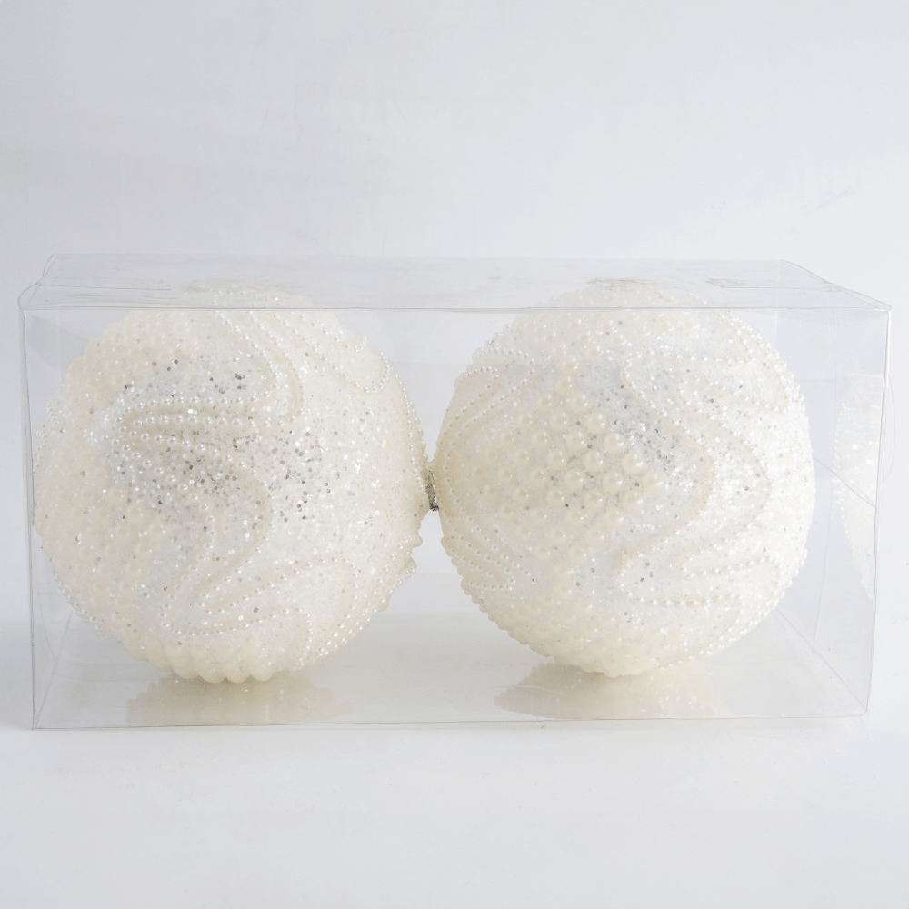 Set 2 globuri decorative de Craciun, plastic, alb cu margele si perle, 10 cm