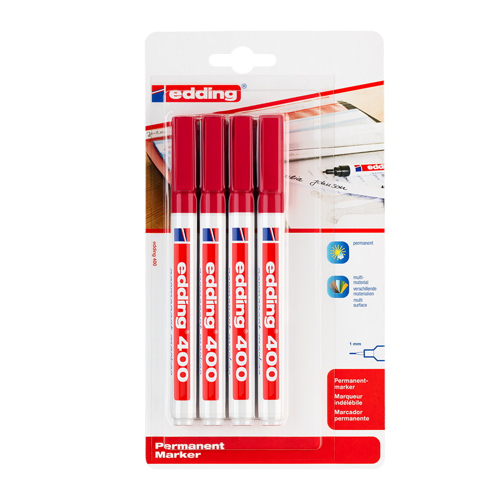 Marker permanent Edding 400, corp plastic, varf rotund, 1 mm, rosu, 4 buc